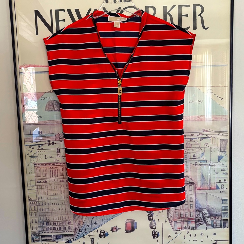 Michael Michael Kors red and navy striped top sleeveless zipper neckline size S